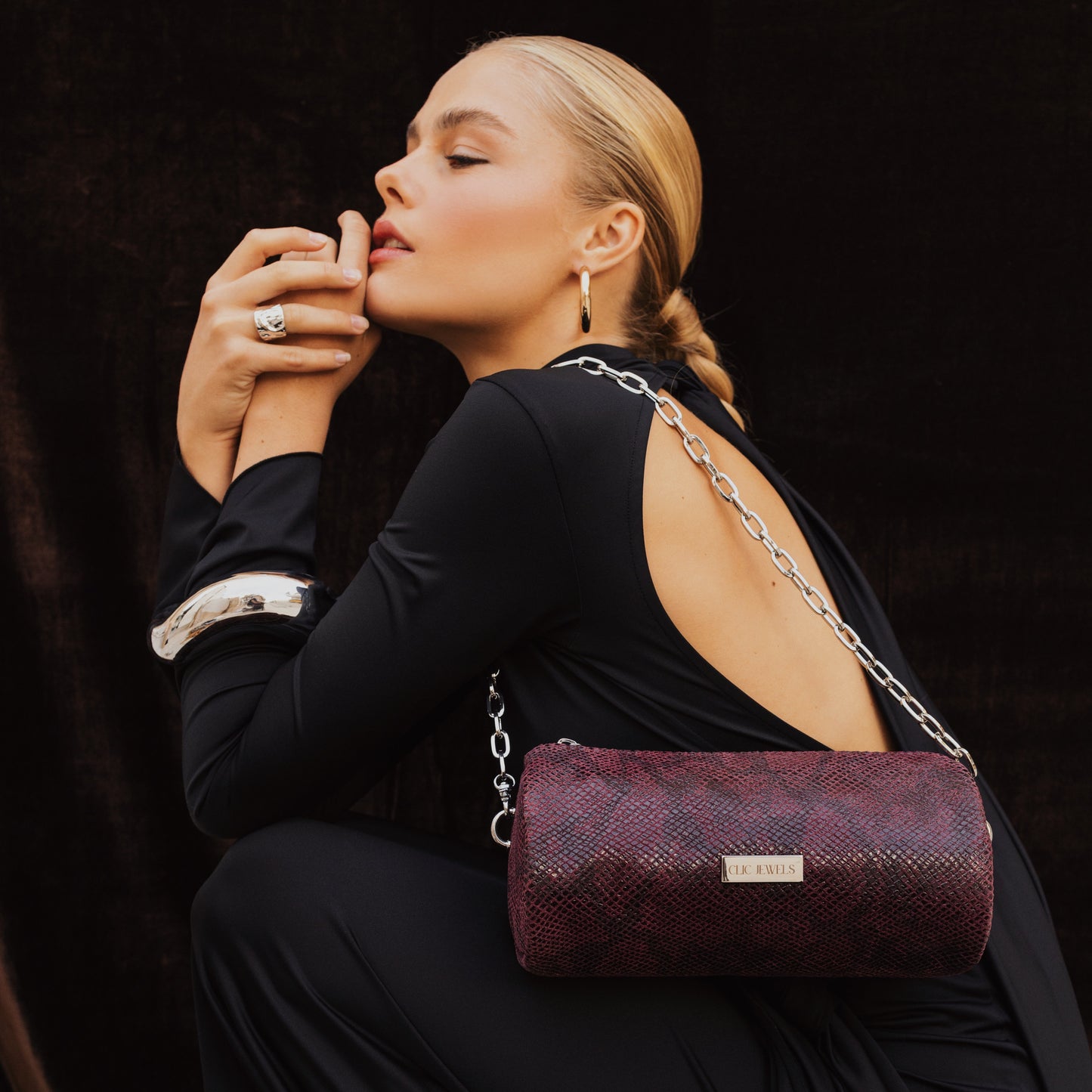 Barrel Bag (bordeaux python print genuine leather)