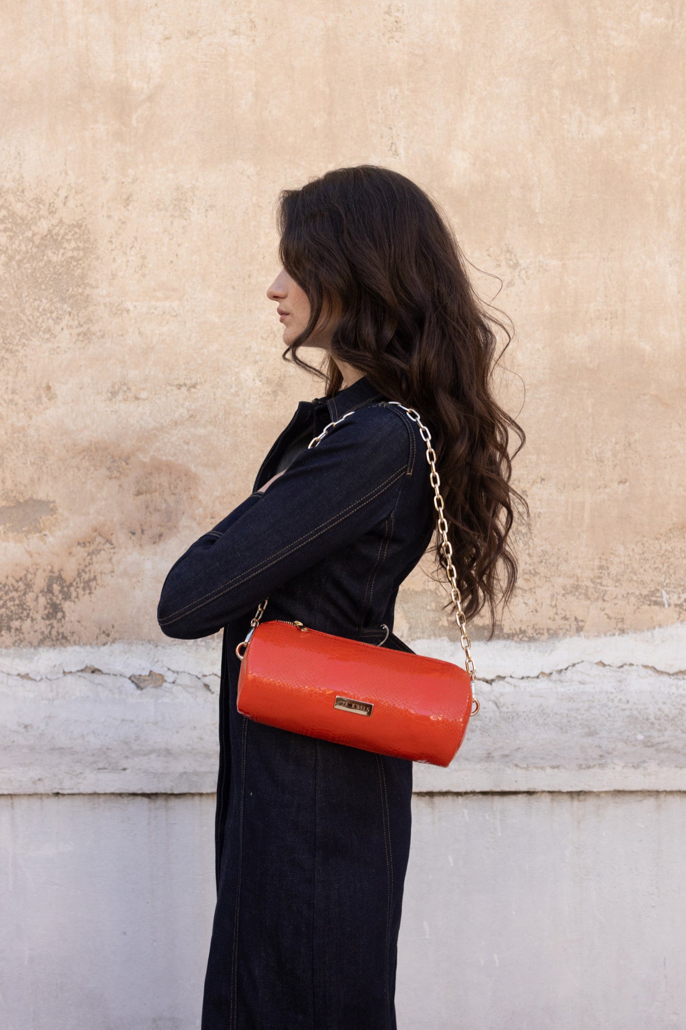 BARREL BAG (orange snake print genuine leather)