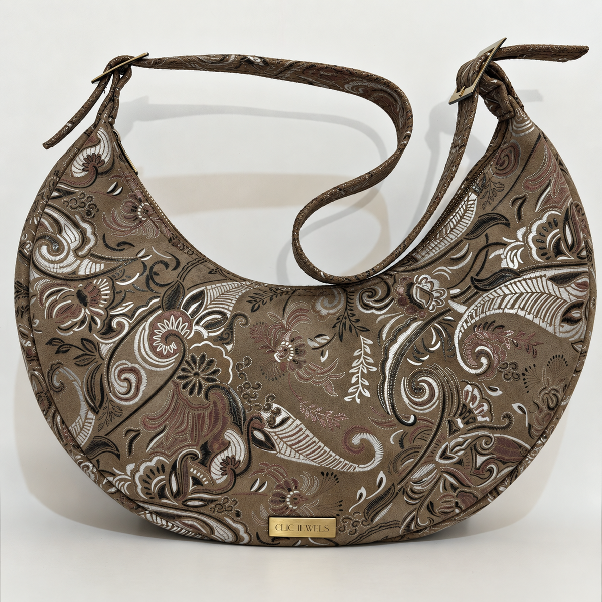 BIG HALFMOON (boho print elephant grey suede genuine leather)