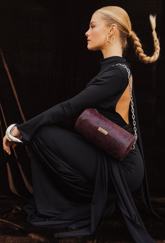 Barrel Bag (bordeaux python print genuine leather)