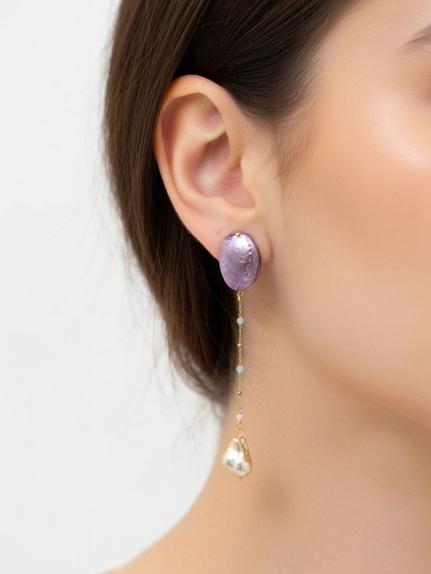PURPLE SHELL & LIGHT YELLOW PEARL EARRINGS (ζευγάρι)