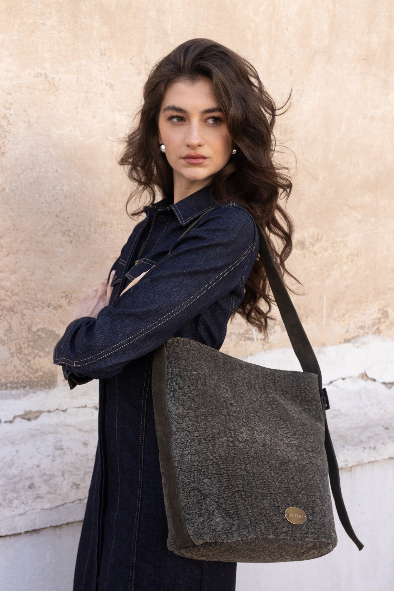 SANDRA BUCKETBAG (khaki boho fabric-dark green suede genuine leather details)