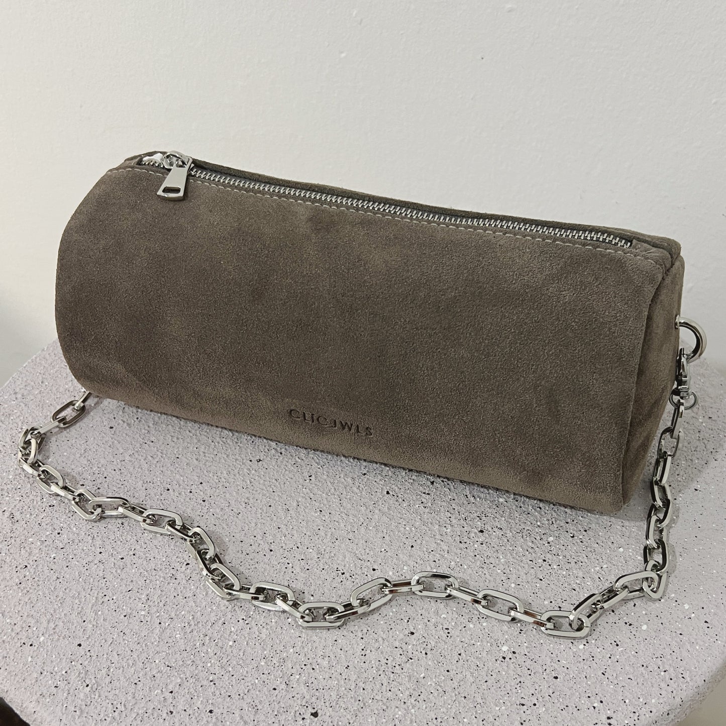 Barrel Bag (elephant grey suede genuine leather)