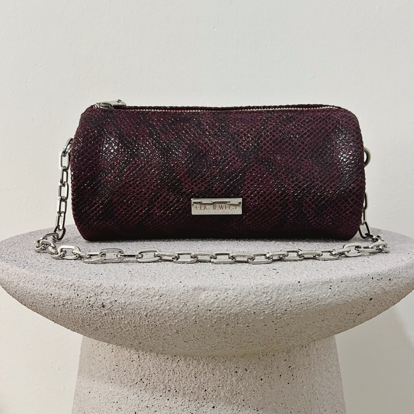 Barrel Bag (bordeaux python print genuine leather)