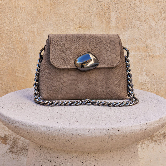 MAYA MINIBAG (elephant grey suede genuine leather snake print embossed)
