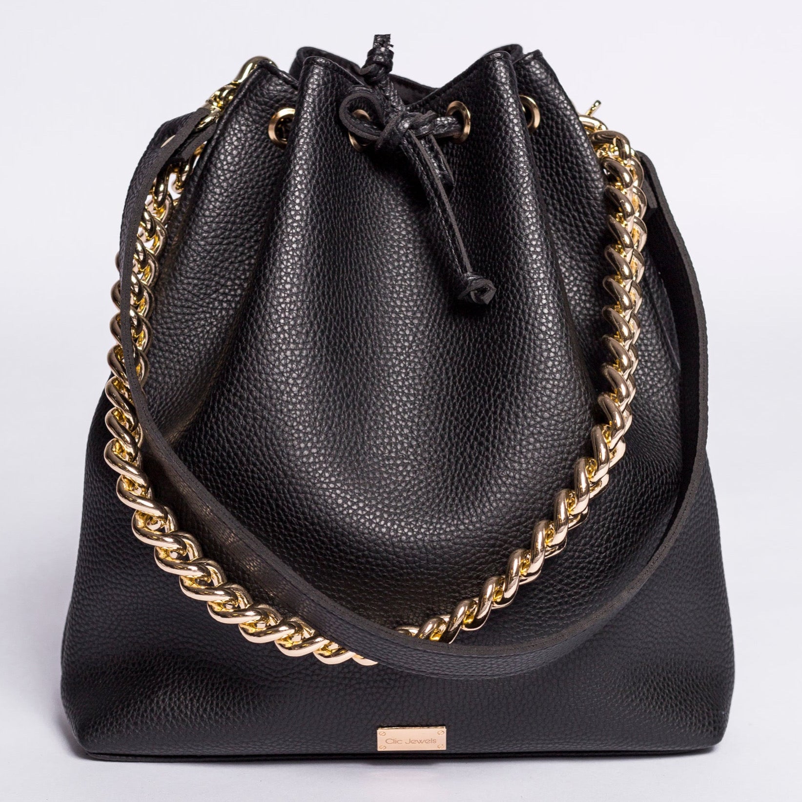 Black and discount gold bucket bag