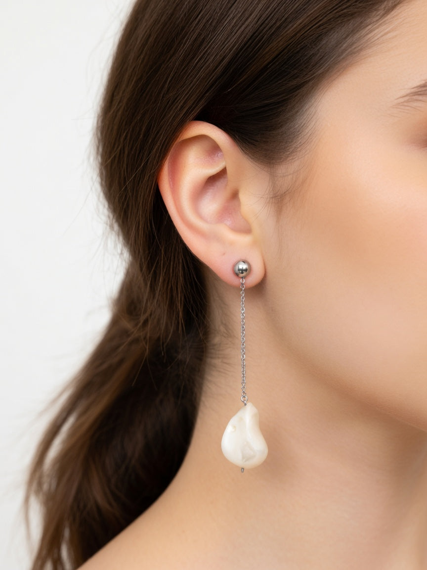 LONG SILVER PEARL EARRINGS (ζευγάρι)