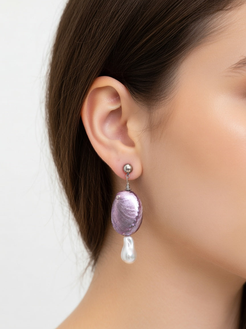 PURPLE SHELL SHORT EARRINGS (ζευγάρι)