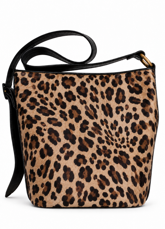 SANDRA BUCKETBAG (animal print ponyskin/black dolaro genuine leather)