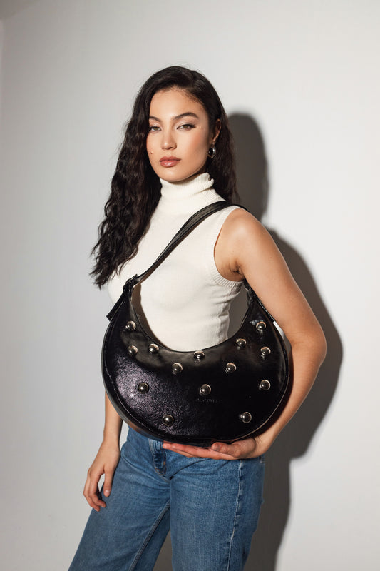 BIG HALFMOON STUDS (black glossy genuine leather)