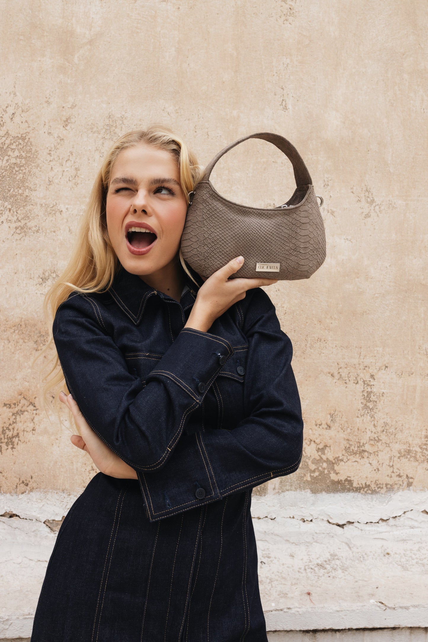 CANDY MINI (elephant grey suede python print genuine leather)