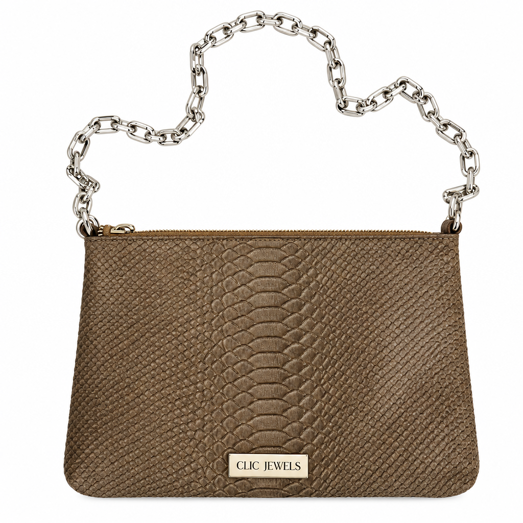 ZIPPER CLUTCH (elephant grey python suede genuine leather)