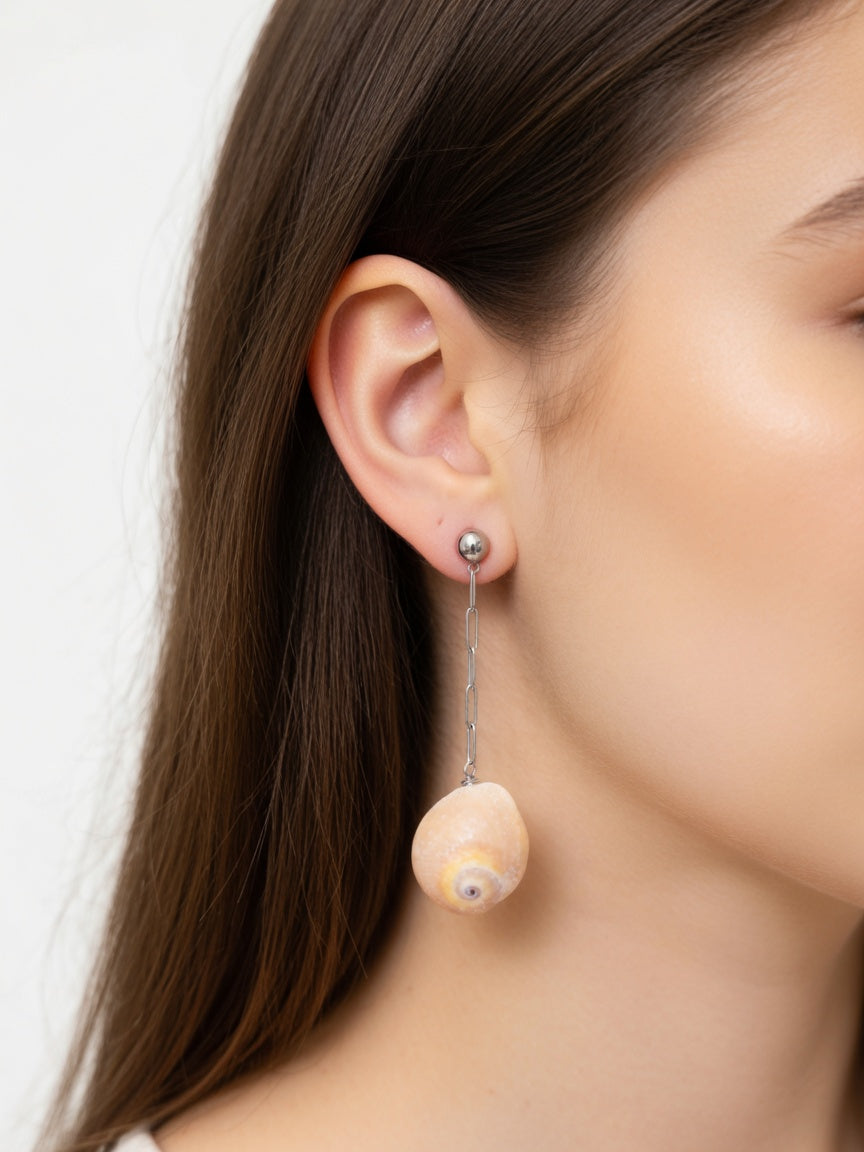 LONG SHELL SILVER CHAIN EARRINGS (ζευγάρι)