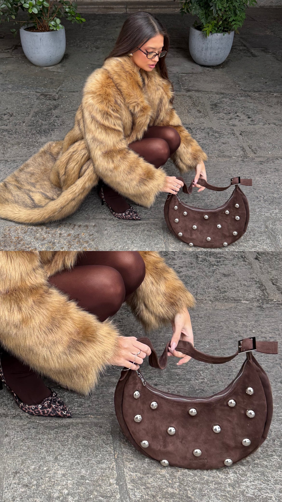 BIG HALFMOON STUDS (dark brown genuine leather)