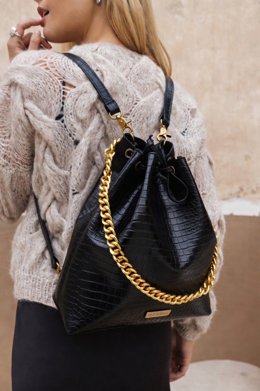 ZOE BACKPACK/BUCKETBAG (black croco genuine leather)