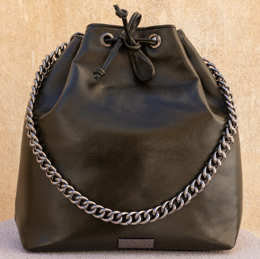 ZOE BACKPACK/BUCKETBAG (glossy dark green smooth genuine leather)