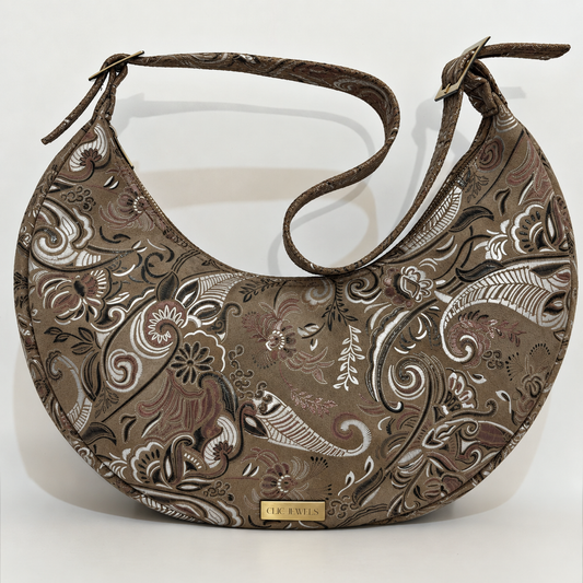 BIG HALFMOON (boho print elephant grey suede genuine leather)