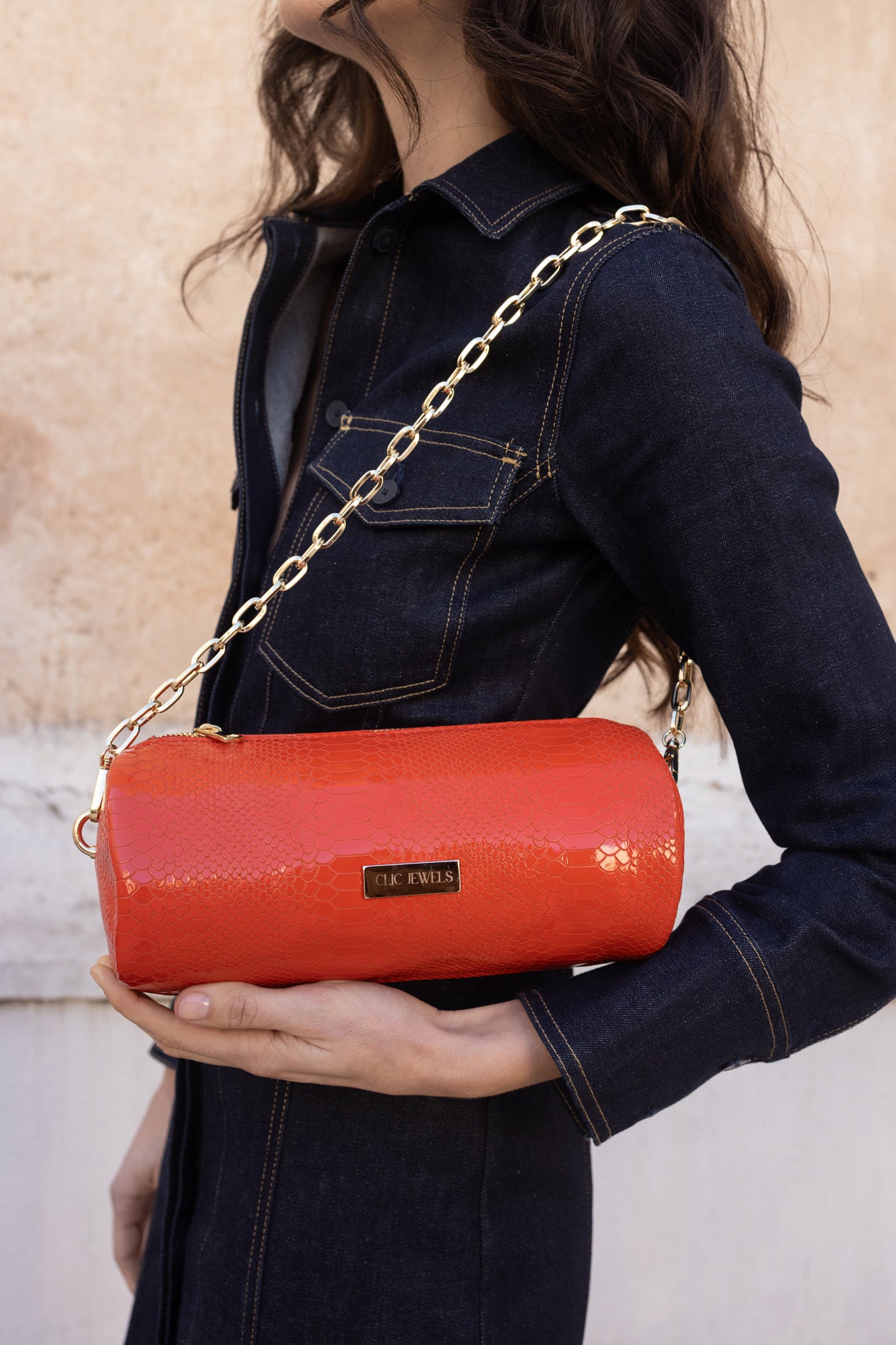 BARREL BAG (orange snake print genuine leather)