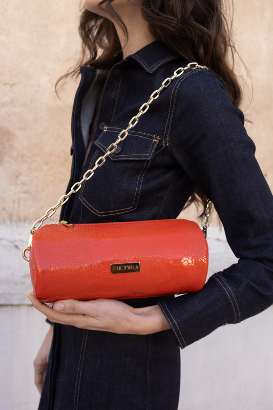 BARREL BAG (orange snake print genuine leather)
