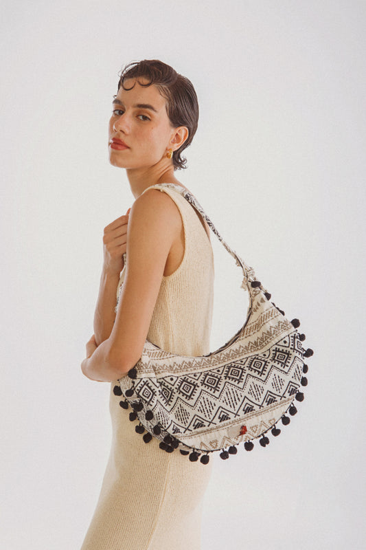 BIG HALFMOON (boho fabric with Pom pons details)