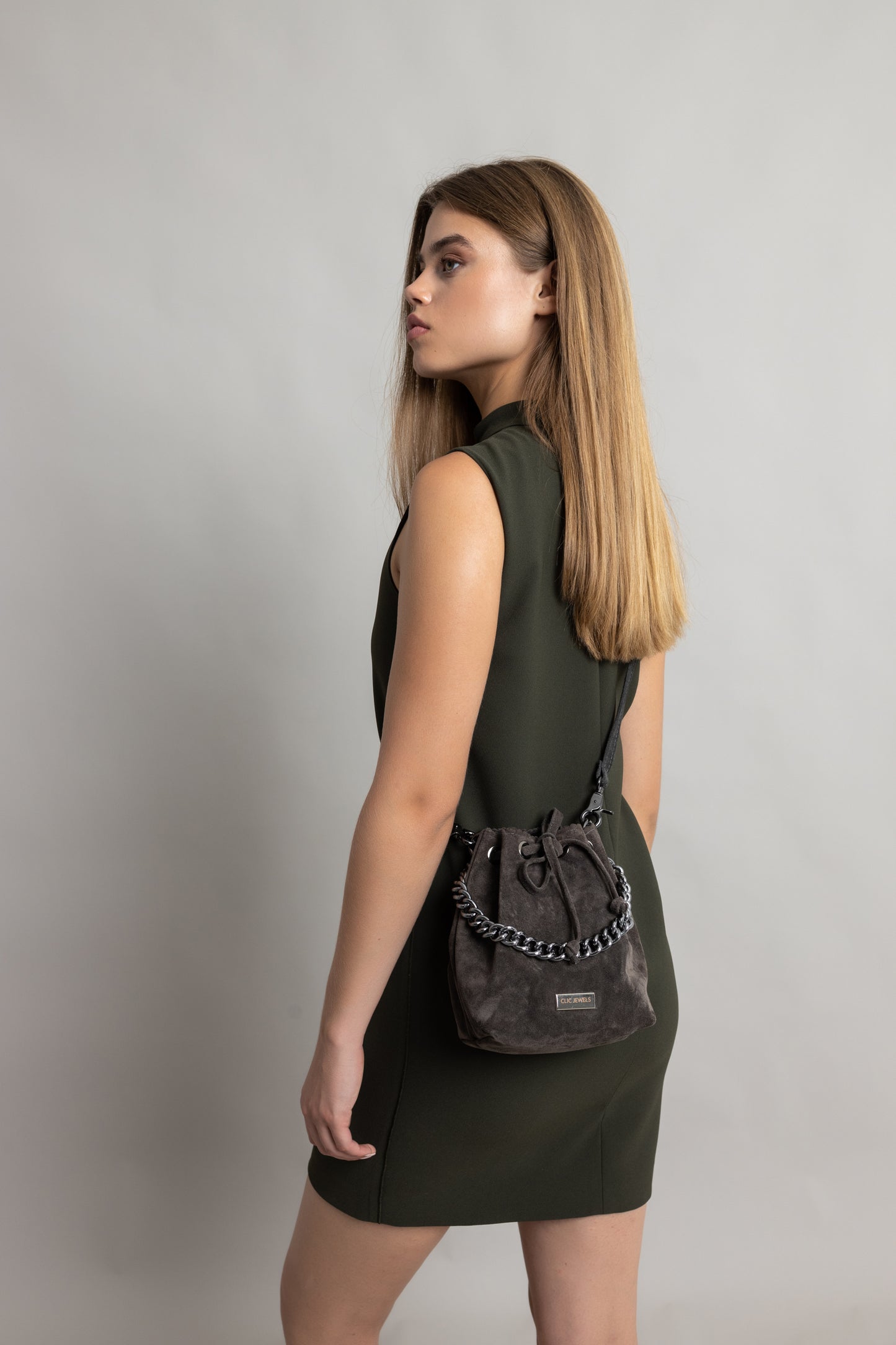 ZOE MINIBUCKETBAG (dark grey suede genuine leather)