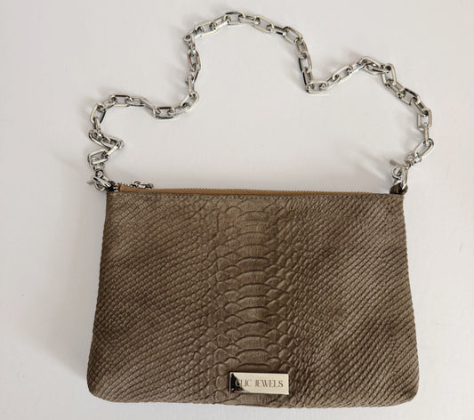 ZIPPER CLUTCH (elephant grey python suede genuine leather)