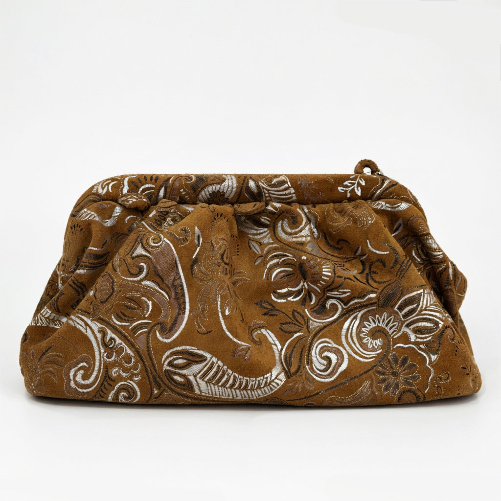 PUFF CLUTCH BIG (boho print camel suede genuine leather)