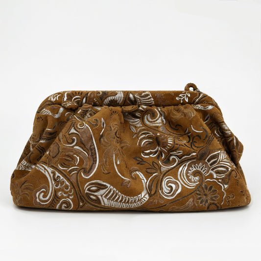 PUFF CLUTCH BIG (boho print camel suede genuine leather)