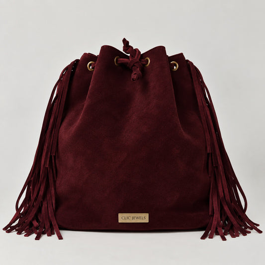 ZOE BACKPACK/BUCKETBAG FRINGE (bordeaux suede genuine leather)