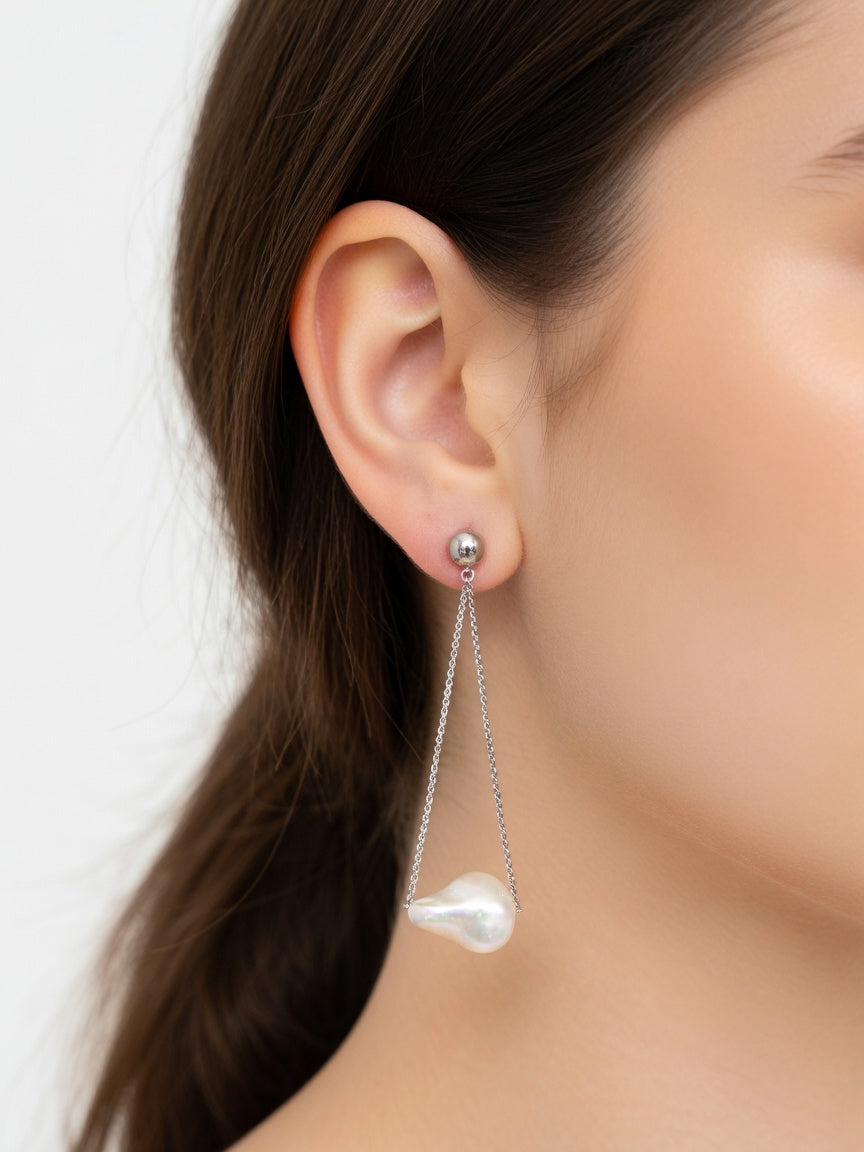LONG PEARL SILVER EARRINGS (ζευγάρι)