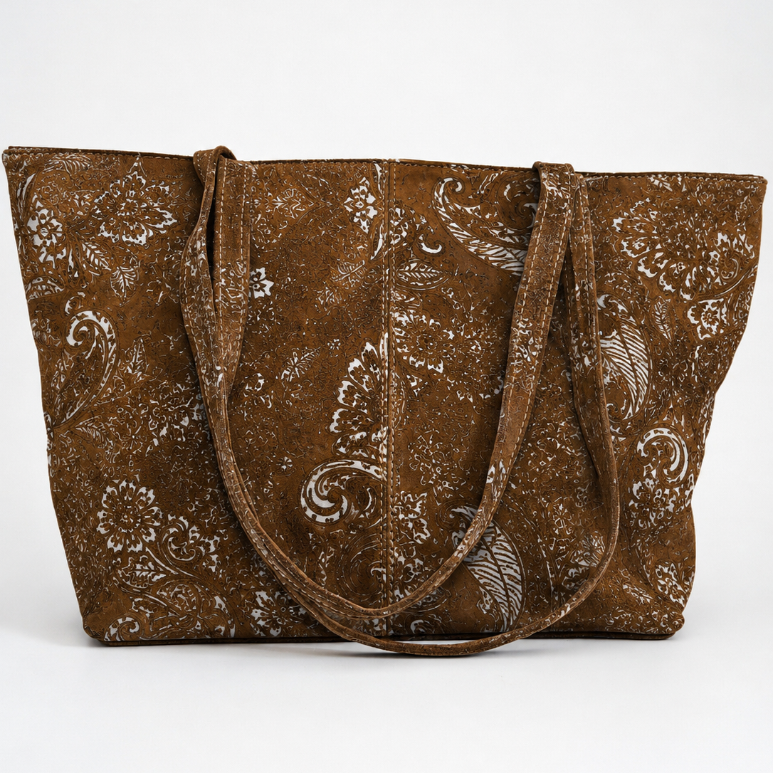 CLASSIC TOTEBAG (boho print camel suede genuine leather)