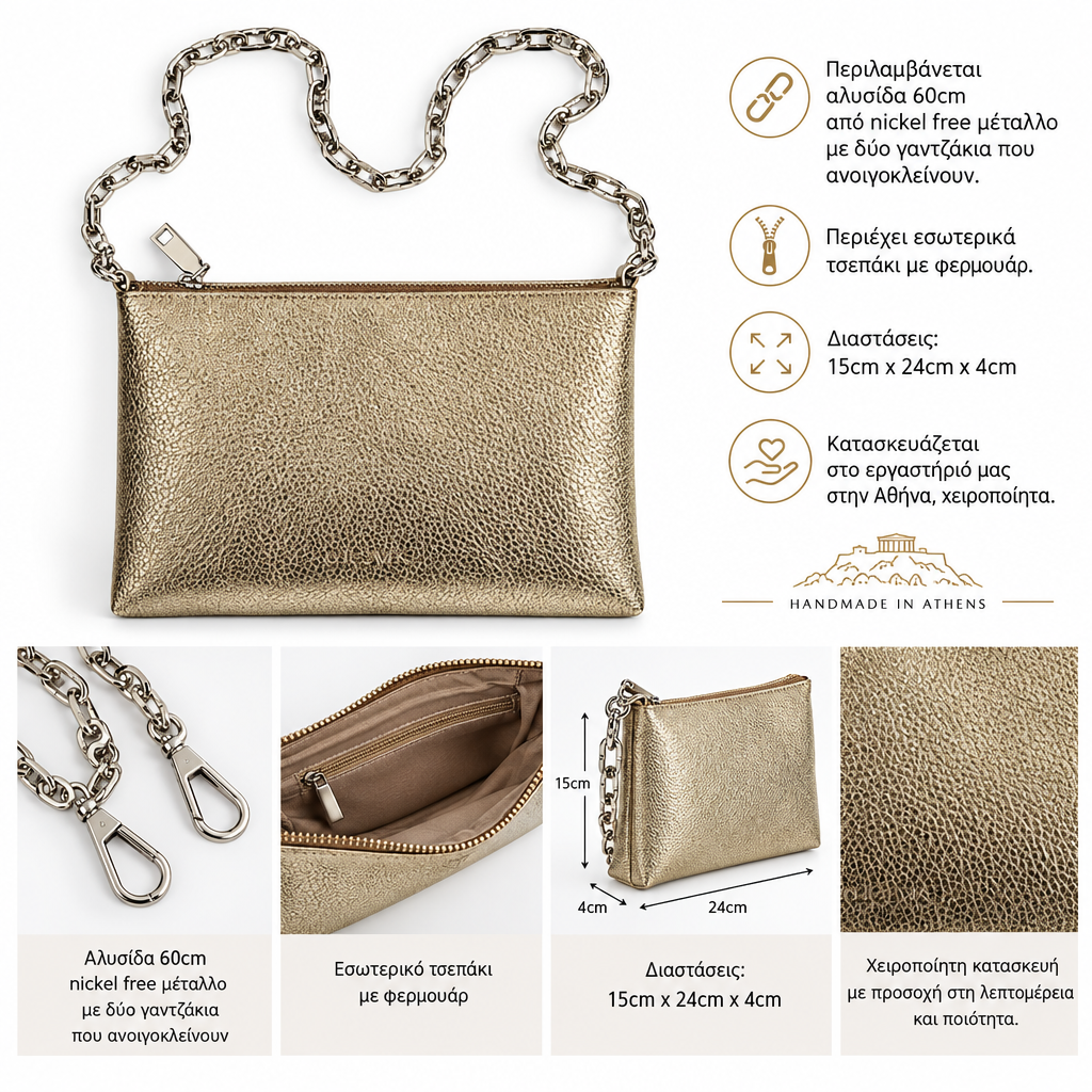 ZIPPER CLUTCH (platinum gold dolaro genuine leather)