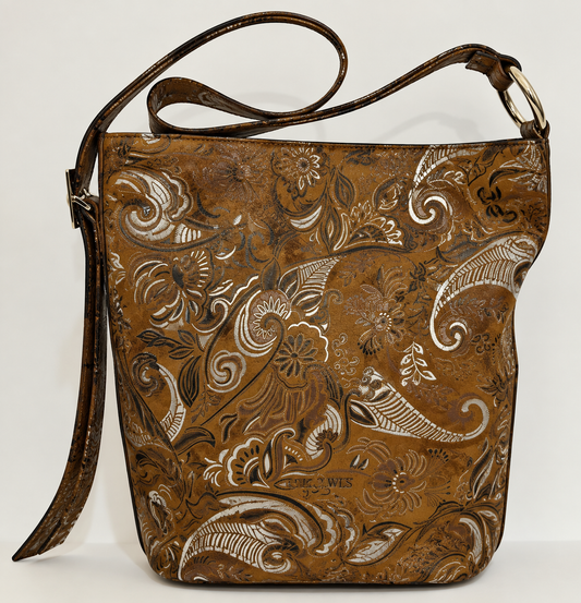 SANDRA BUCKETBAG (boho print camel suede genuine leather)