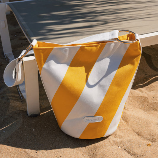 SANDRA BUCKETBAG (yellow Stripes water repellent fabric/genuine leather)