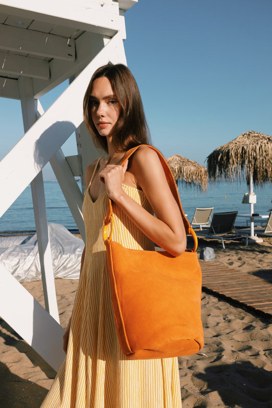 SANDRA BUCKETBAG (orange suede genuine leather)