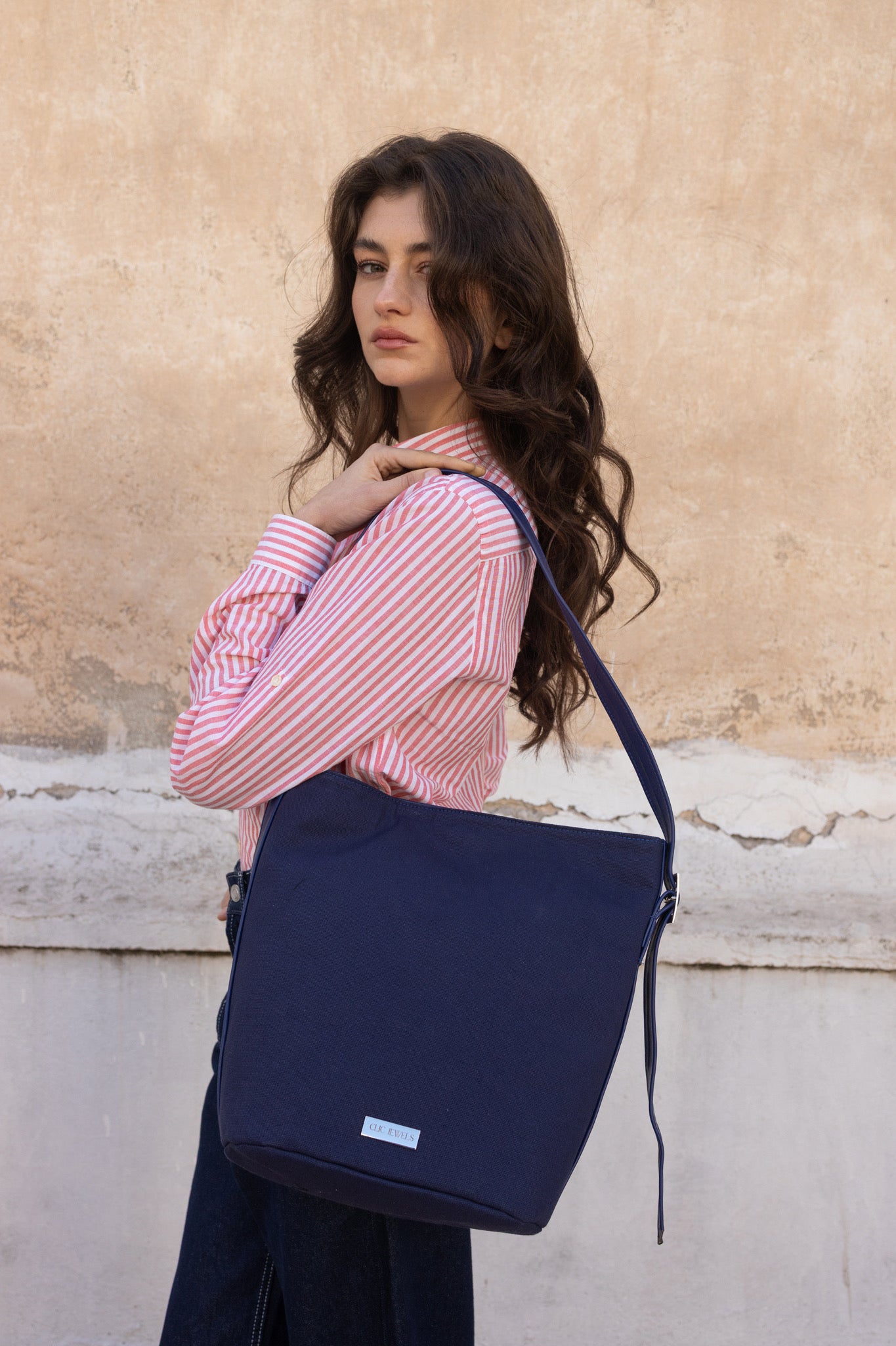SANDRA BUCKETBAG (blue canvas-navy blue genuine leather)