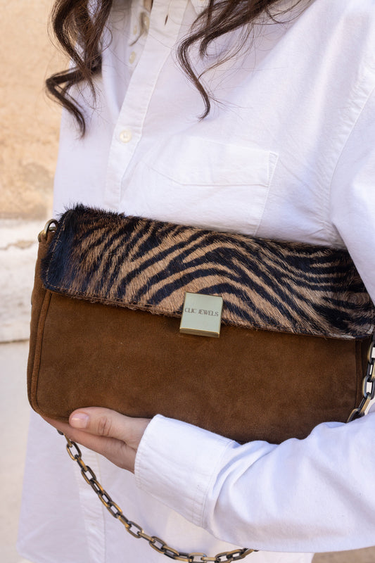 NEIRA MEDIUM (zebra ponyskin/camel suede genuine leather combo)