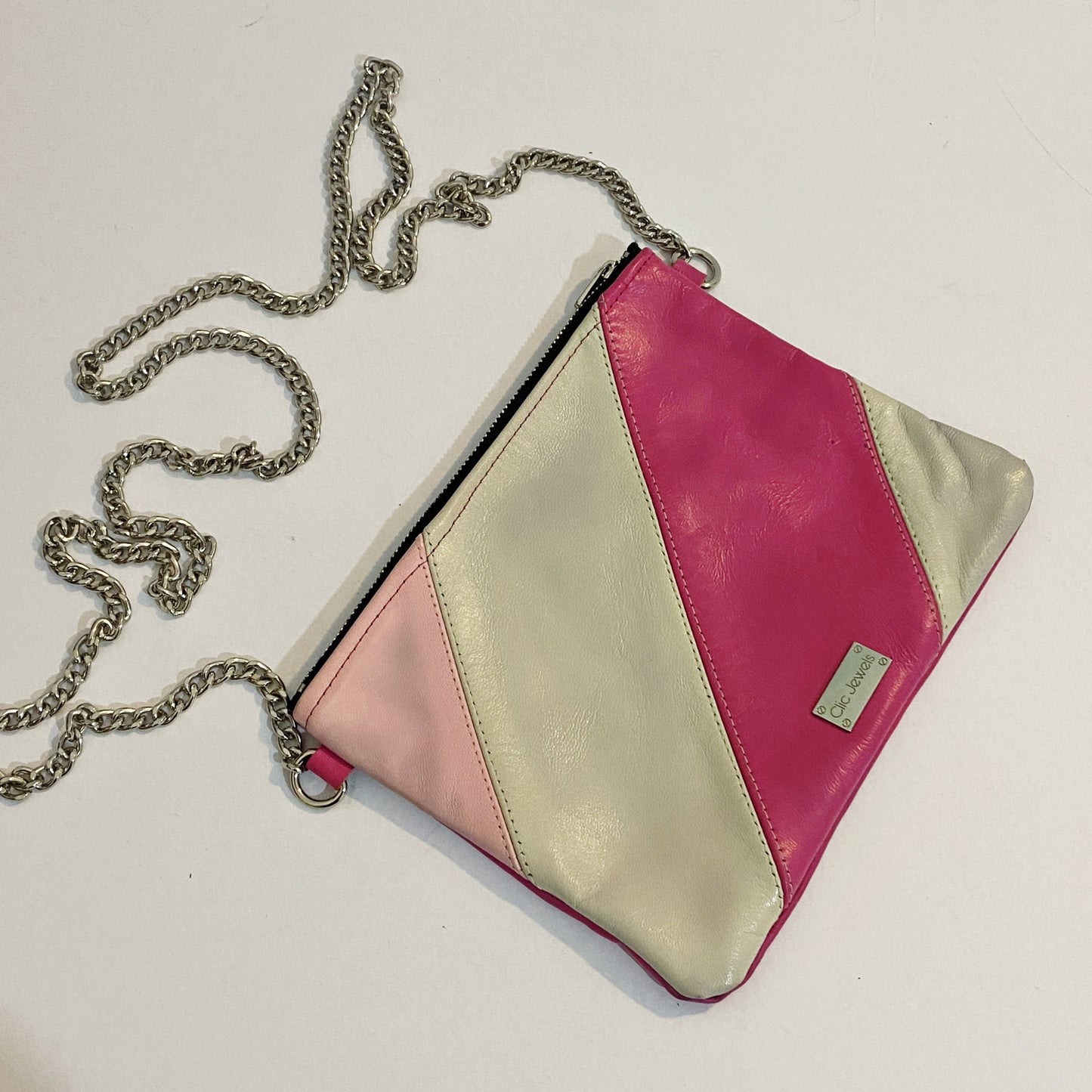 ZIPPER CLUTCH (pink and white combo genuine leather)