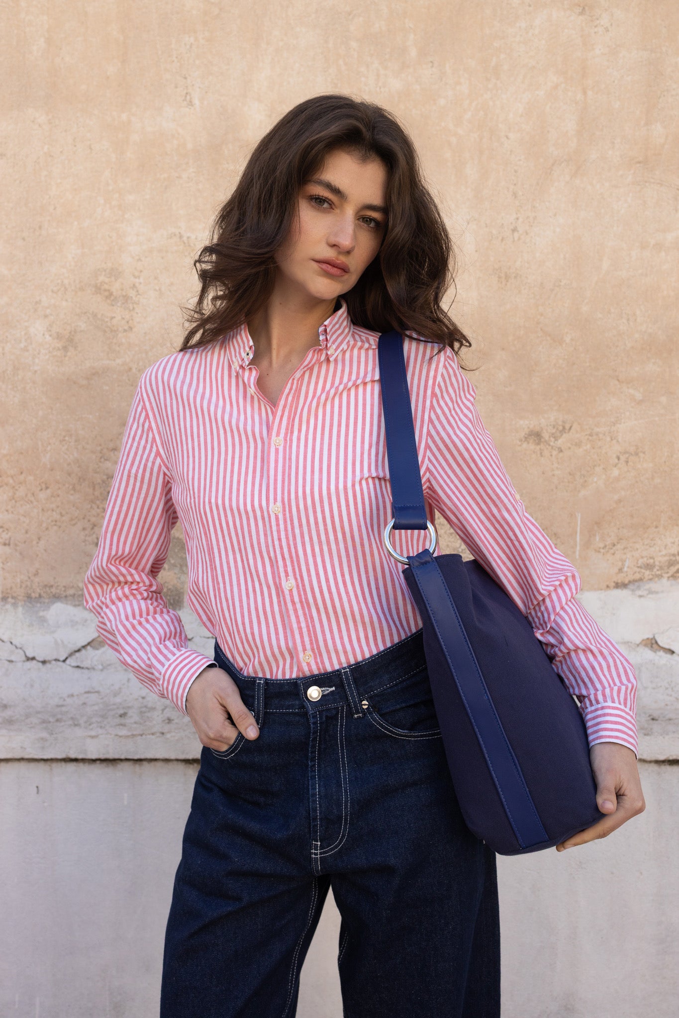 SANDRA BUCKETBAG (blue canvas-navy blue genuine leather)