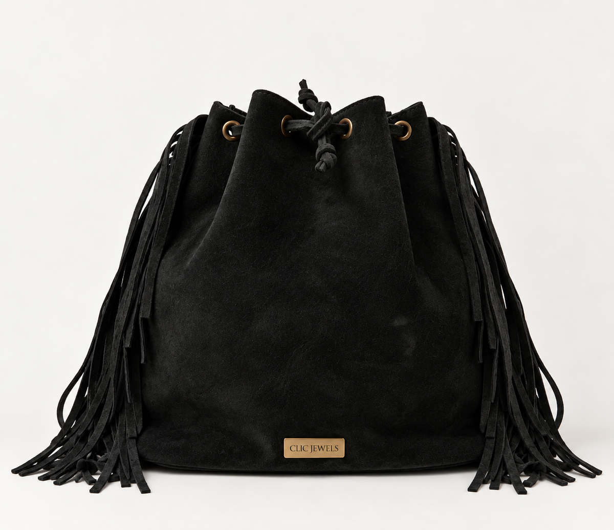 ZOE BACKPACK/BUCKETBAG FRINGE (black suede genuine leather)