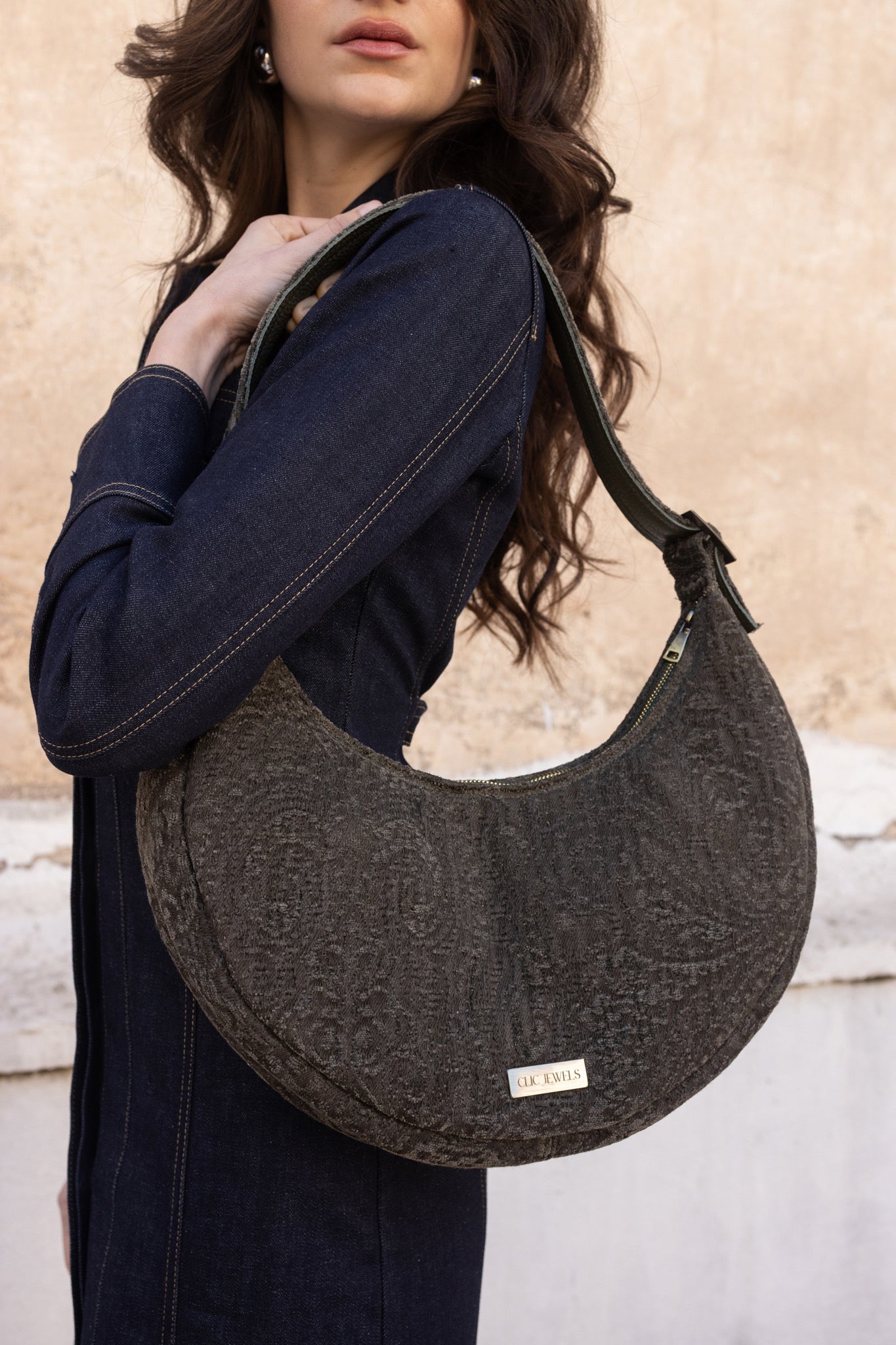 BIG HALFMOON (khaki boho fabric-khaki suede genuine leather details)