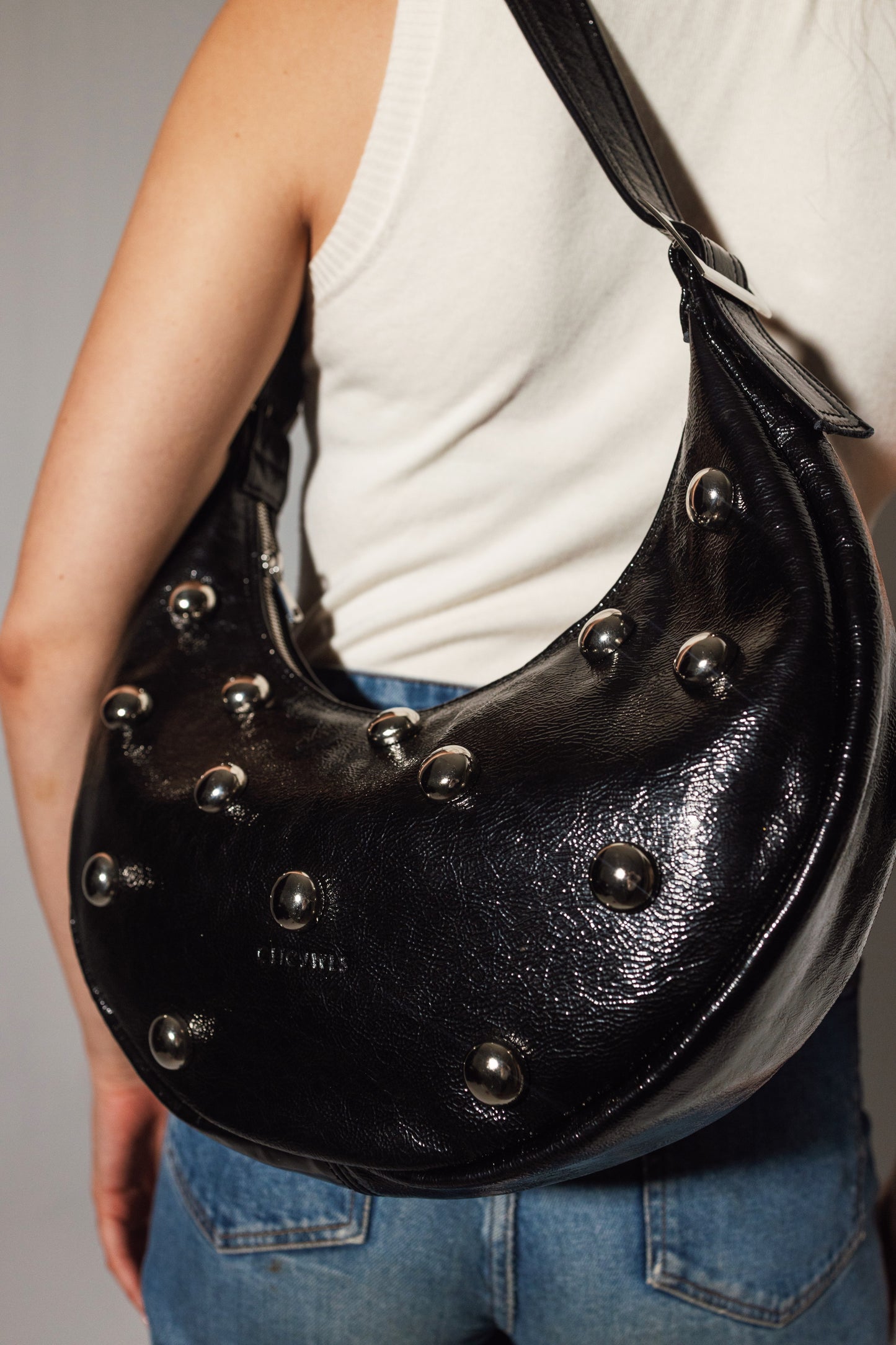 BIG HALFMOON STUDS (black glossy genuine leather)