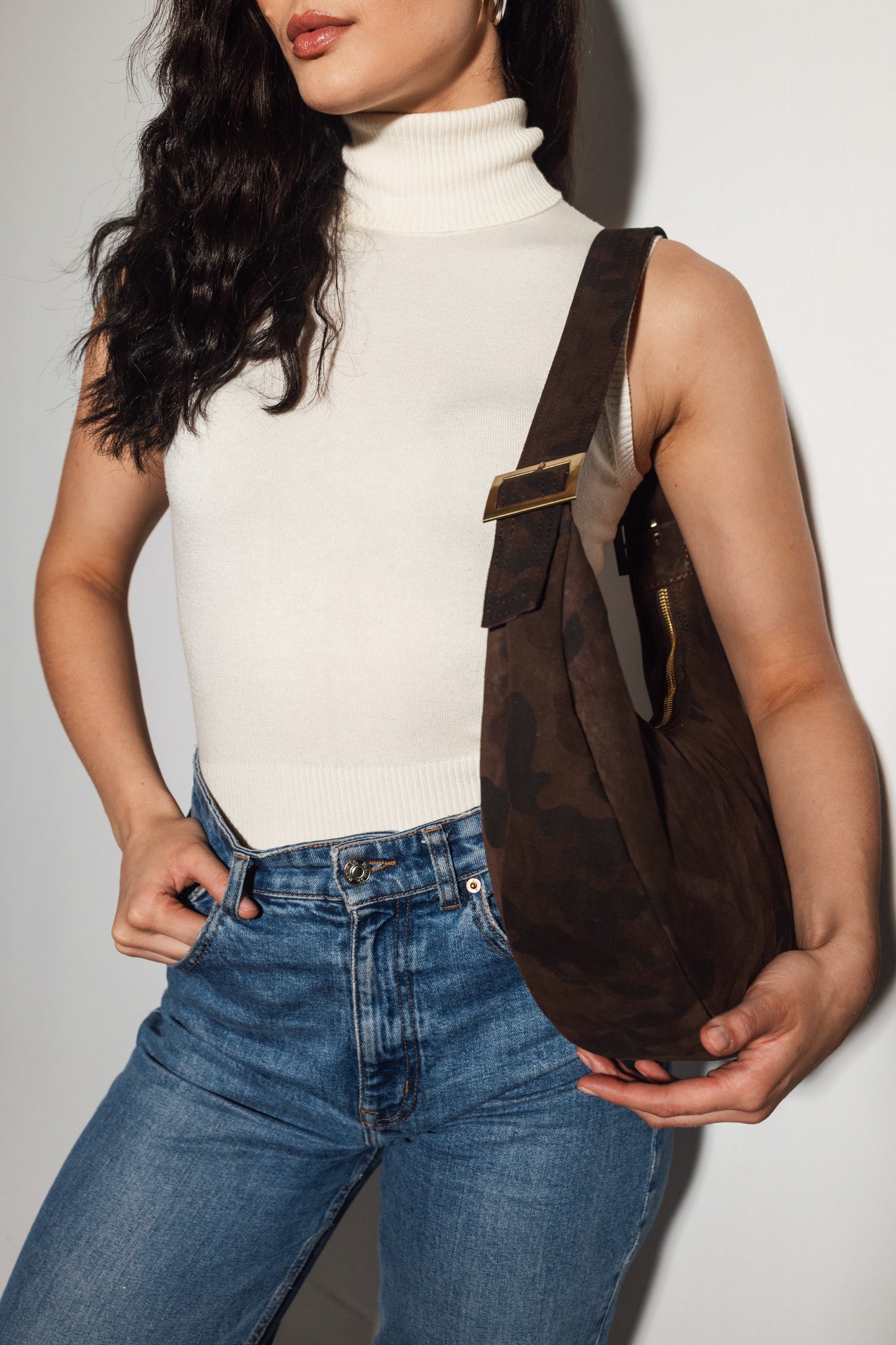 BIG HALFMOON (brown suede cow print genuine leather)