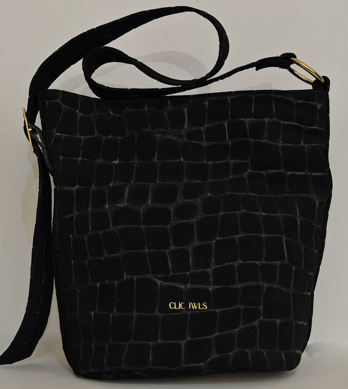SANDRA BUCKETBAG (black croco suede genuine leather)