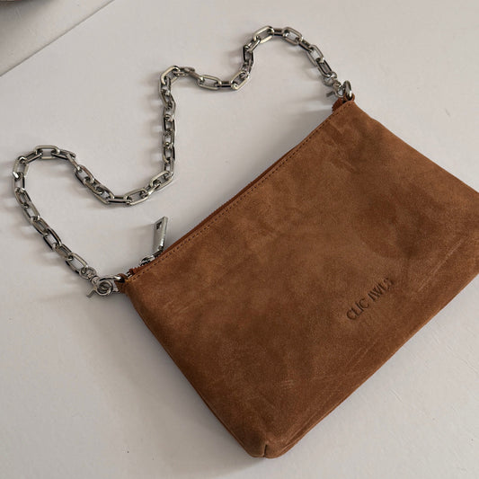 ZIPPER CLUTCH (pecan brown suede genuine leather)