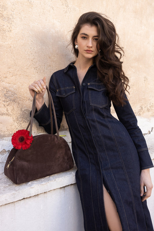 BELLA BOWLING BAG (brown suede genuine leather)