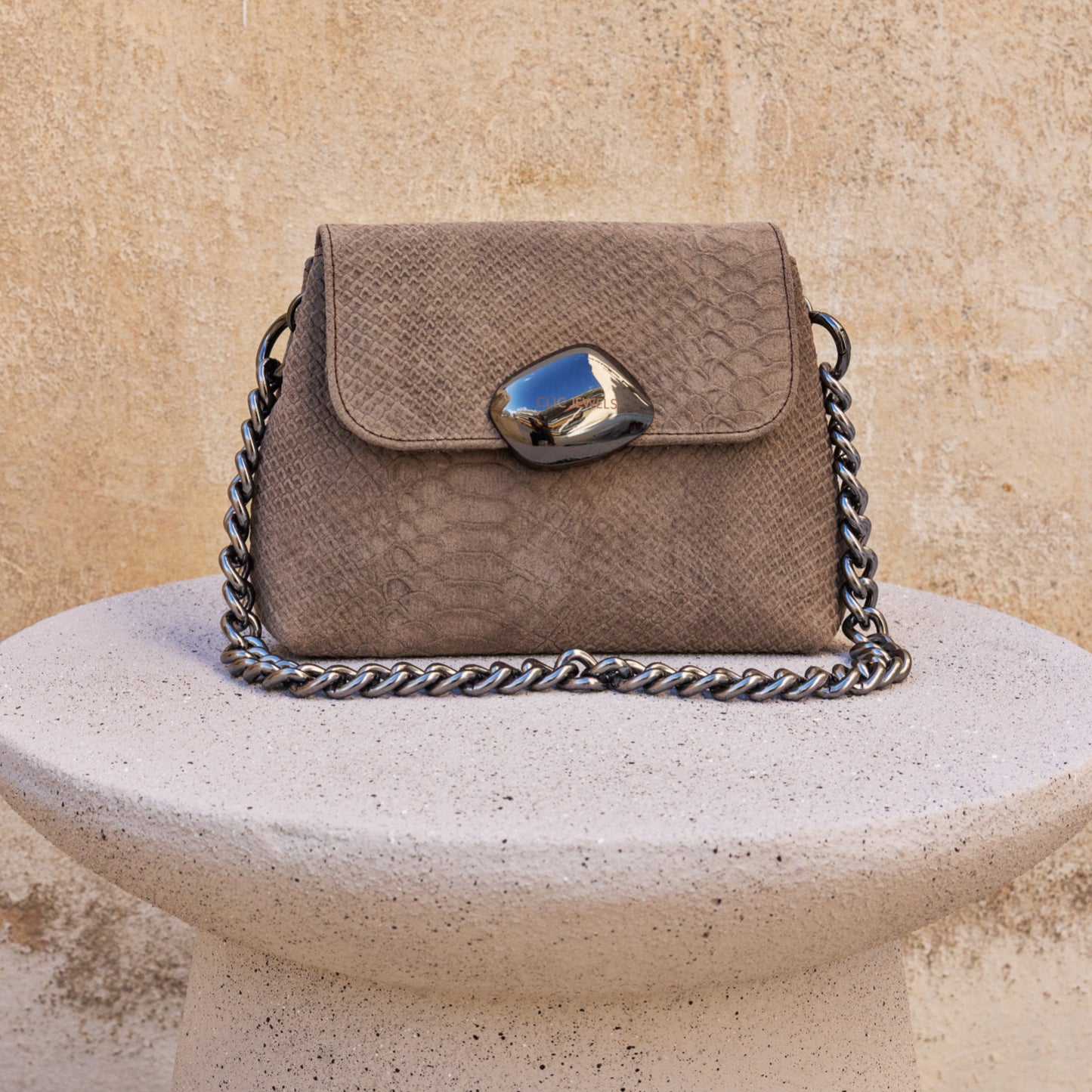 MAYA MINIBAG (elephant grey suede genuine leather snake print embossed)