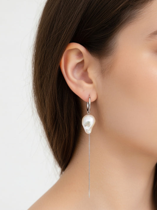 PEARL & CHAIN HOOPS EARRINGS (ζευγάρι)